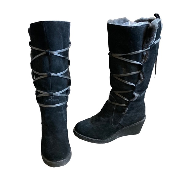 FLURRIES Black Sheepskin Lace Up Mid Calf Suede Wedge Winter Boots US 9 - Picture 3 of 7
